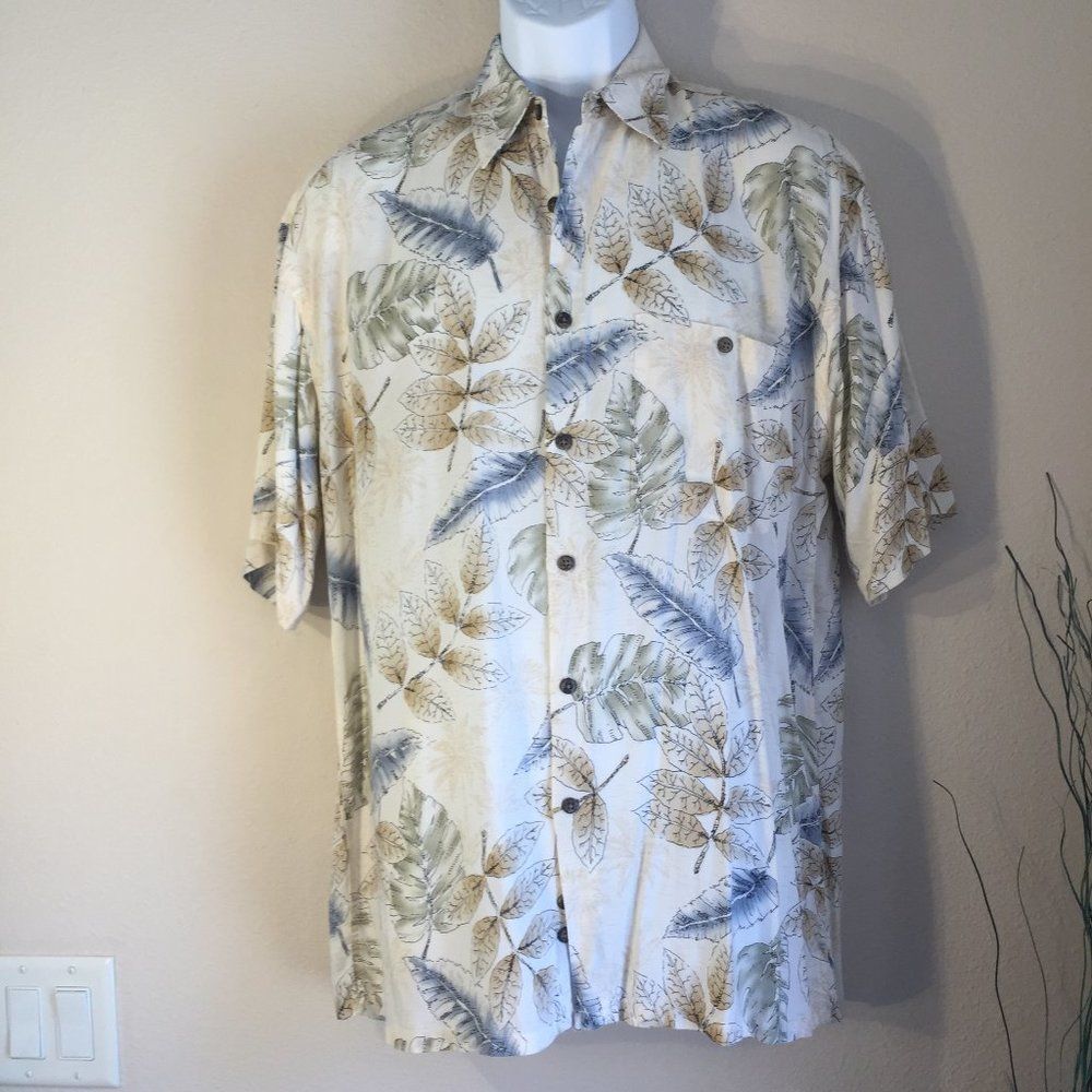 Moda Campia Hawaiian Shirt Rayon Tropical Leaf Print White Blue Tan Mens Medium